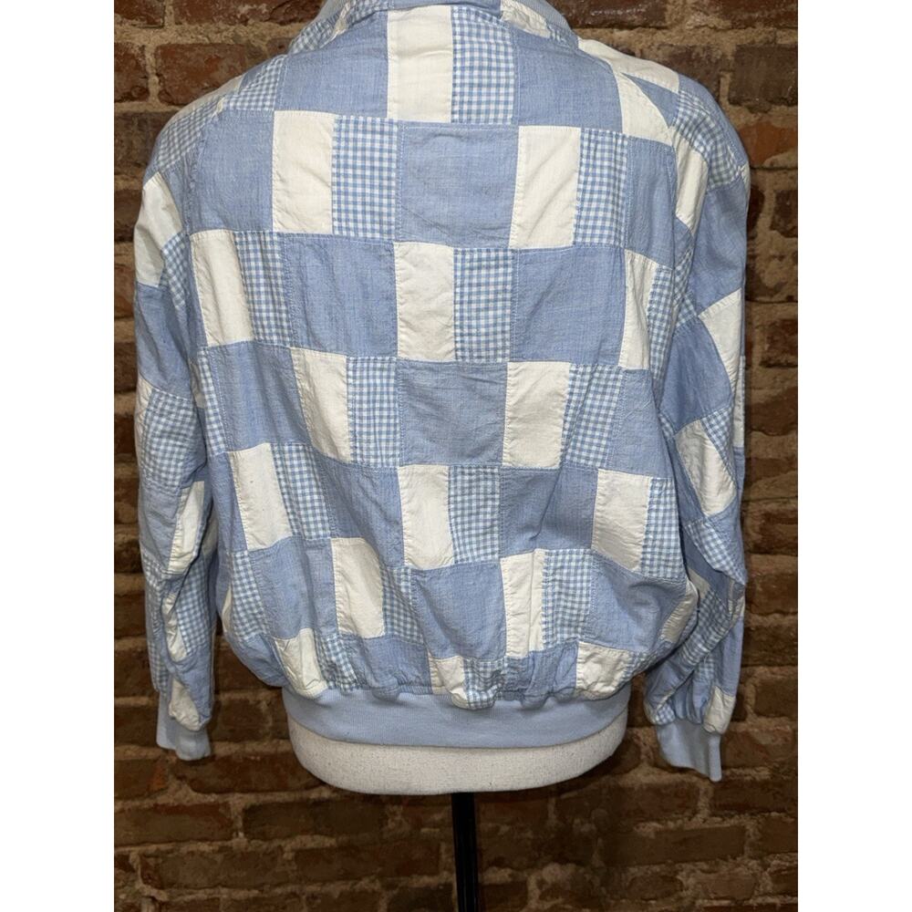 Vintage London Fog Patchwork Bomber Jacket M Blue Gingham Cotton Shoulder Pads - Picture 5 of 12